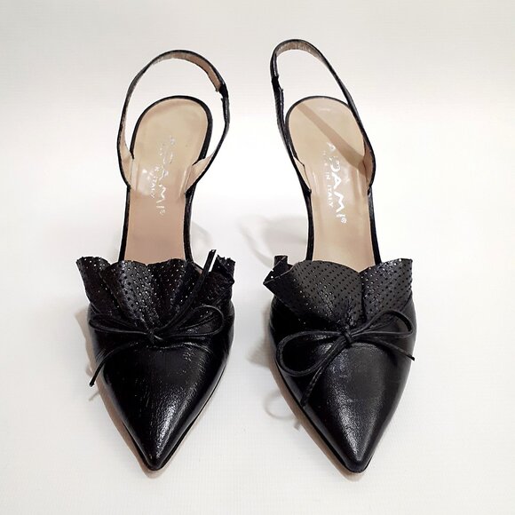 ADAMI Pinup Stiletto Heel Pumps with Ruffle Detail in Jet Black Leather - Picture 2 of 15